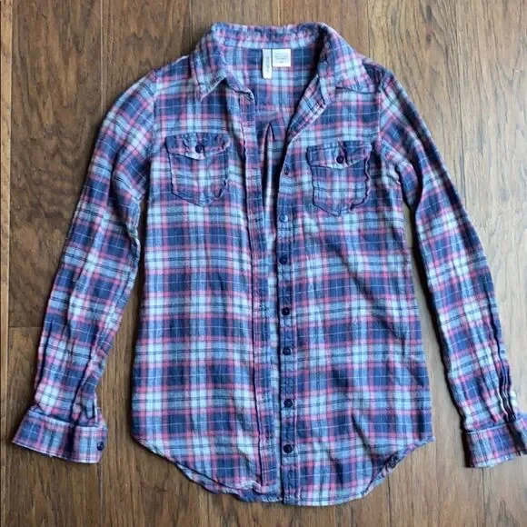 Navy Blue White and Red Flannel Plaid Shirt - Picture 1 of 5